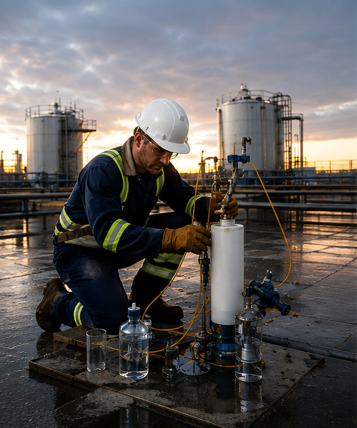 Foxx technician at a sample point at dusk